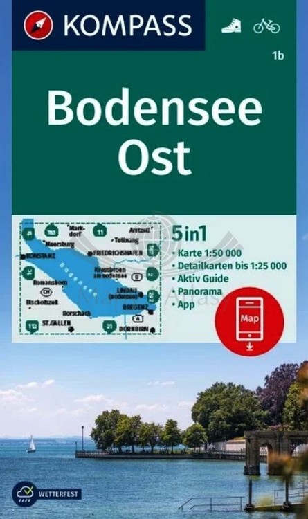 Jezioro Bodeńskie, część wschodnia / Bodensee - Ost. Wodoodporna mapa turystyczna 1b wydawnictwa Kompass. Okładka