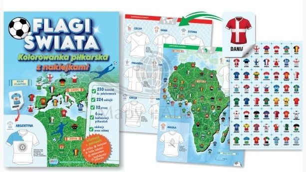 Flagi świata. Kolorowanka piłkarska z naklejkami dla dzieci wydawnictwa Jako.
