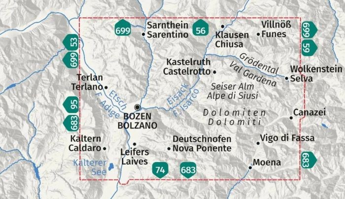 Bozen / Bolzano 1:50 000. Wodoodporna mapa turystyczna 54 wydawnictwa Kompass. Zasięg