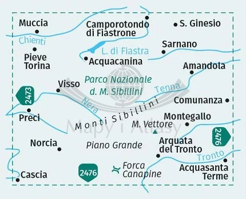 Park Narodowy Monti Sibillini. Wodoodporna mapa turystyczna 2474 wydawnictwa Kompass. Zasięg