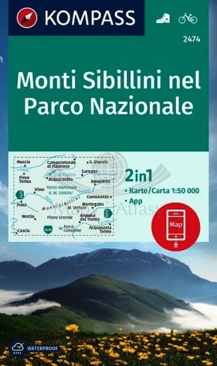 Park Narodowy Monti Sibillini. Wodoodporna mapa turystyczna 2474 wydawnictwa Kompass. Okładka