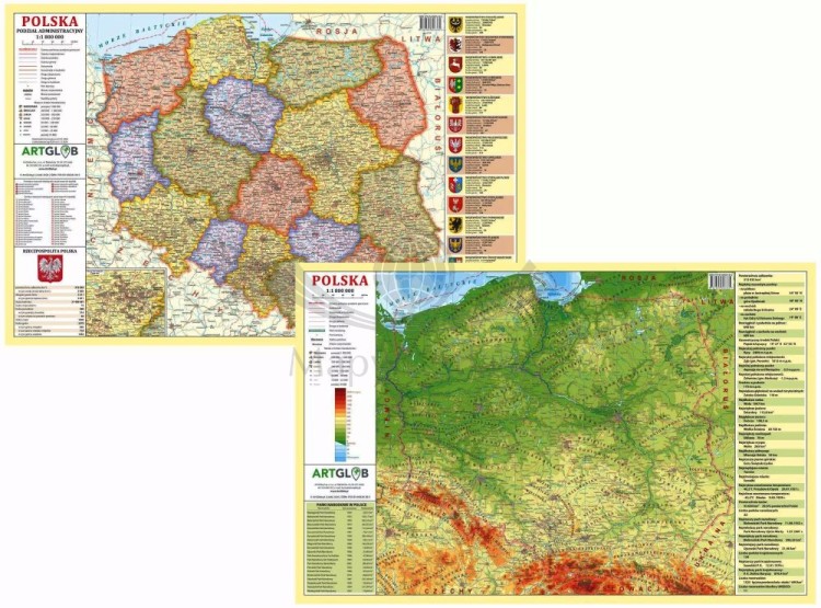 Polska. Mapa fizyczna i administracyjna. Podkładka na biurko. Okładka - dwie strony