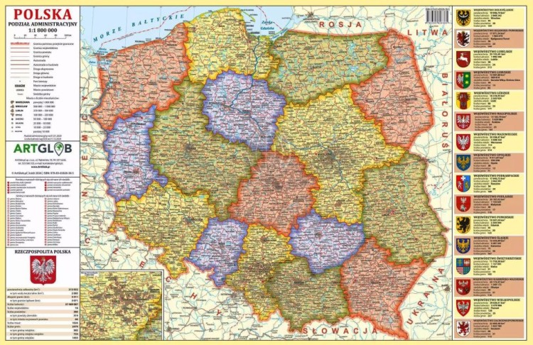 Polska. Mapa fizyczna i administracyjna. Podkładka na biurko. Okładka - strona administracyjna