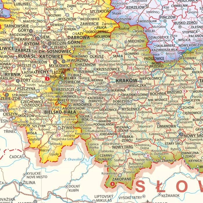 Polska. Mapa fizyczna i administracyjna. Podkładka na biurko. Fragment 3
