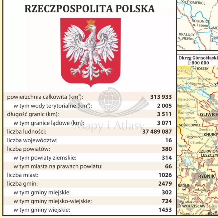 Polska. Mapa fizyczna i administracyjna. Podkładka na biurko. Fragment 4