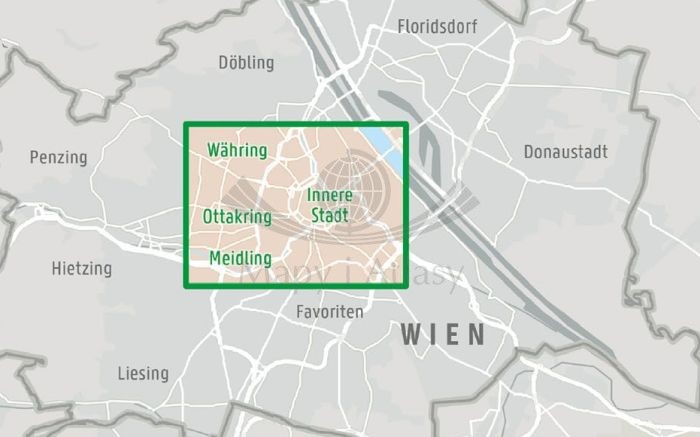 Wiedeń 1:15 000. Wodoodporna mapa / Plan miasta wydawnictwa Freytag & Berndt. Zasięg