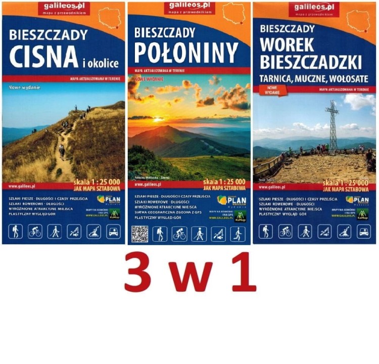 Bieszczady 1:25 000. Zestaw 3 map turystycznych wydawnictwa Galileos