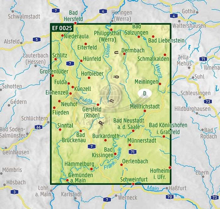 Rhon 1:120 000. Wodoodporna mapa turystyczna EF 0025 wydawnictwa Freytag & Berndt. Zasięg
