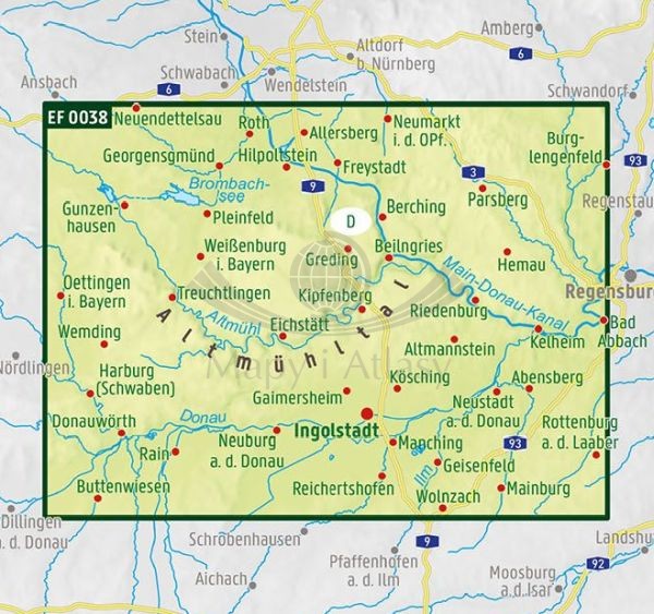 Altmuhltal 1:140 000. Wodoodporna mapa turystyczna EF 0038 wydawnictwa Freytag & Berndt. Zasięg