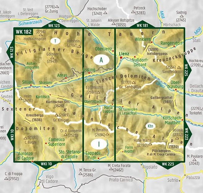 Alpy Karnickie / Lienzer Dolomiten, Lesachtal, Villgratner Berge. Wodoodporna mapa turystyczna WK 182 wydawnictwa Freytag & Berndt. Zasięg