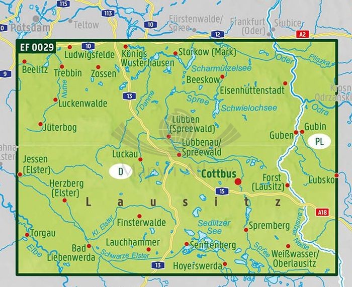 Łużyce / Lausitz 1:180 000. Wodoodporna mapa turystyczna EF 0029 wydawnictwa Freytag & Berndt. Zasięg