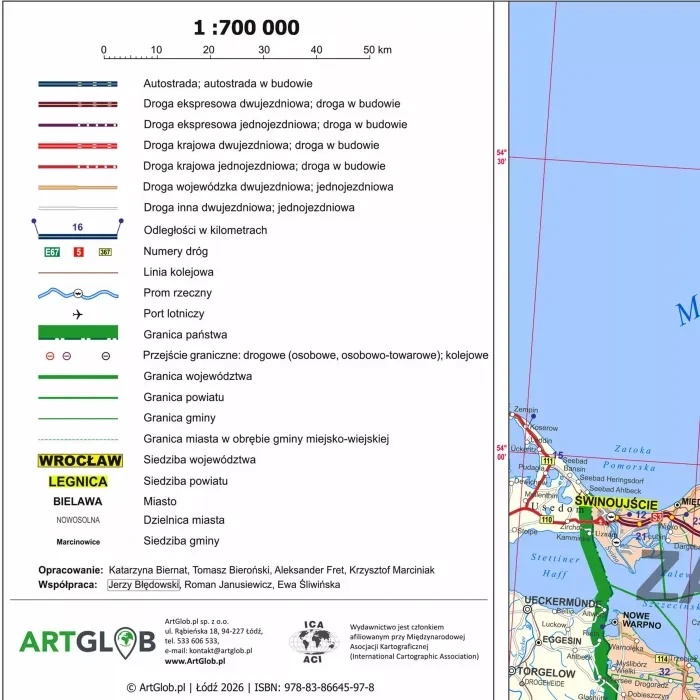Polska 1:700 000. Mapa ścienna administracyjno-drogowa. Laminat matowy wydawnictwa ArtGlob. Legenda