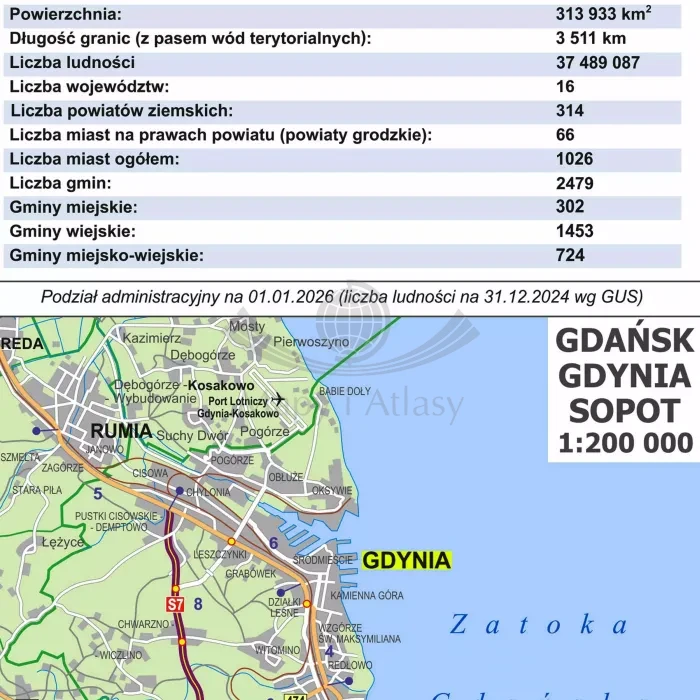 Polska 1:700 000. Naklejka, mapa ścienna administracyjno-drogowa wydawnictwa ArtGlob. Fragment 4
