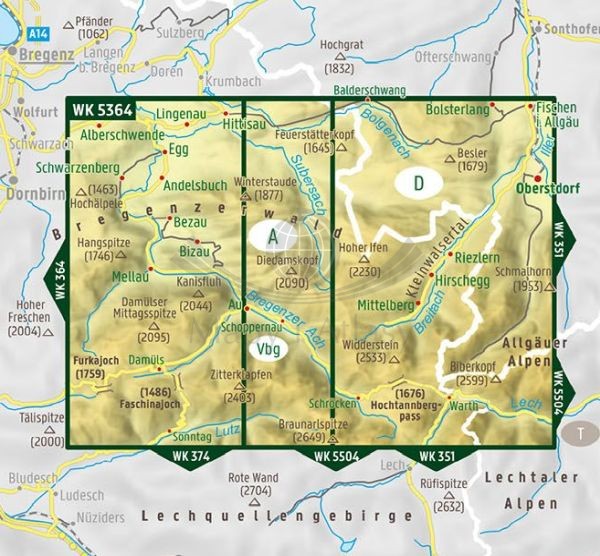Kleinwalsertal, Hinterer, Bregenzerwald 1:35 000. Wodoodporna mapa turystyczna WK 5364 wydawnictwa Freytag &amp; Berndt. Zasięg
