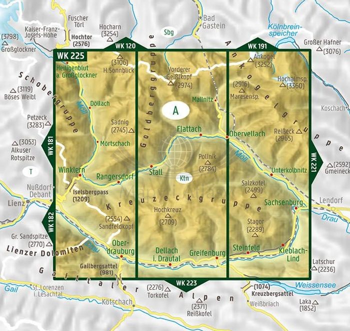 Mölltal, Kreuzeckgruppe, Drautal 1:50 000. Wodoodporna mapa turystyczna WK 225 wydawnictwa Freytag & Berndt. Zasięg