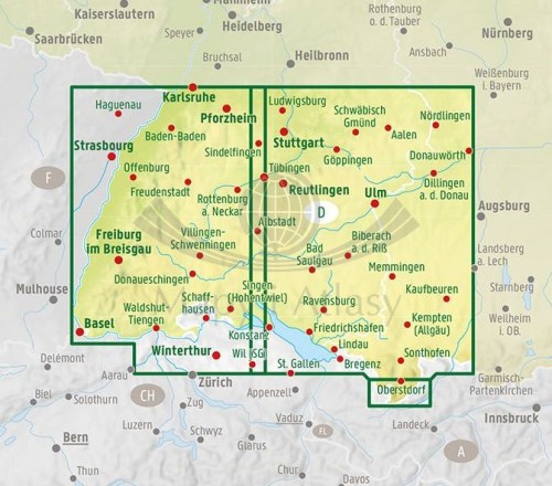 Schwarzwald, Jura Szwabska, Jezioro Bodeńskie. Mapa samochodowo-turystyczna /9/ wydawnictwa Freytag & Bernd. Zasięg