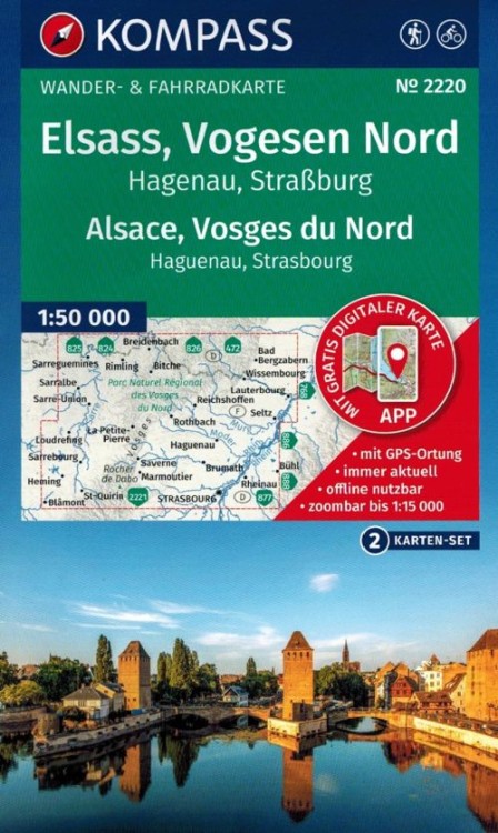 Elsass, Vogesen Nord, Hagenau, Strassburg / Alzacja, cz. północna, Wogezy, Haguenau, Strasbourg. Zestaw dwóch map turystycznych 2220 wydawnictwa Kompass. Okładka zestawu
