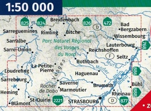 Elsass, Vogesen Nord, Hagenau, Strassburg / Alzacja, cz. północna, Wogezy, Haguenau, Strasbourg. Zestaw dwóch map turystycznych 2220 wydawnictwa Kompass. Zasięg zestawu