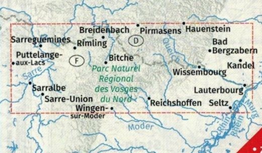 Elsass, Vogesen Nord, Hagenau, Strassburg / Alzacja, cz. północna, Wogezy, Haguenau, Strasbourg. Zestaw dwóch map turystycznych 2220 wydawnictwa Kompass. Mapa 1 - zasięg