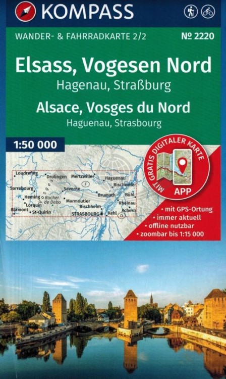 Elsass, Vogesen Nord, Hagenau, Strassburg / Alzacja, cz. północna, Wogezy, Haguenau, Strasbourg. Zestaw dwóch map turystycznych 2220 wydawnictwa Kompass. Mapa 2 - zasięg