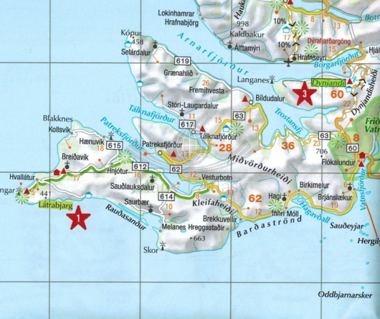 Islandia i Wyspy Owcze. Wodoodporna mapa samochodowo-turystyczna wydawnictwa Marco Polo. Fragment