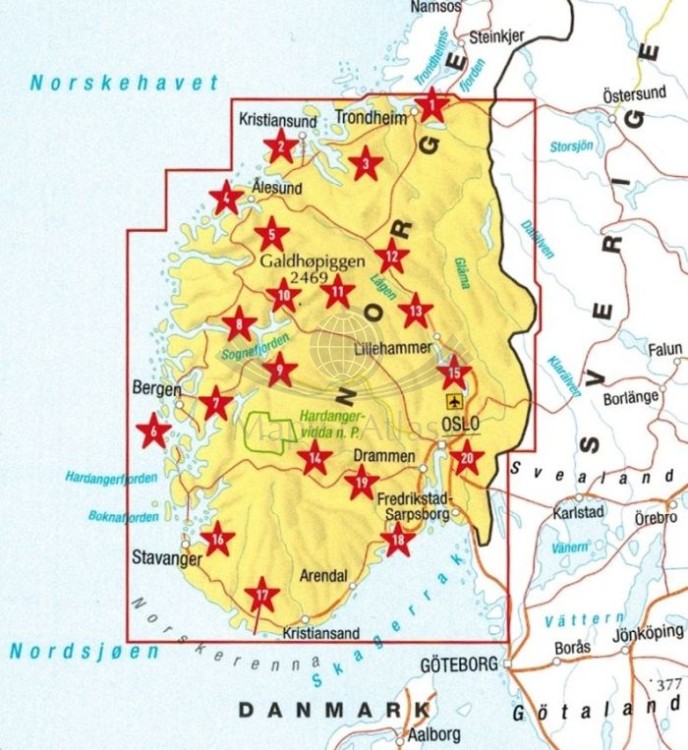 Norwegia południowa 1:325 000. Wodoodporna mapa samochodowo-turystyczna wydawnictwa Marco Polo. Zasięg