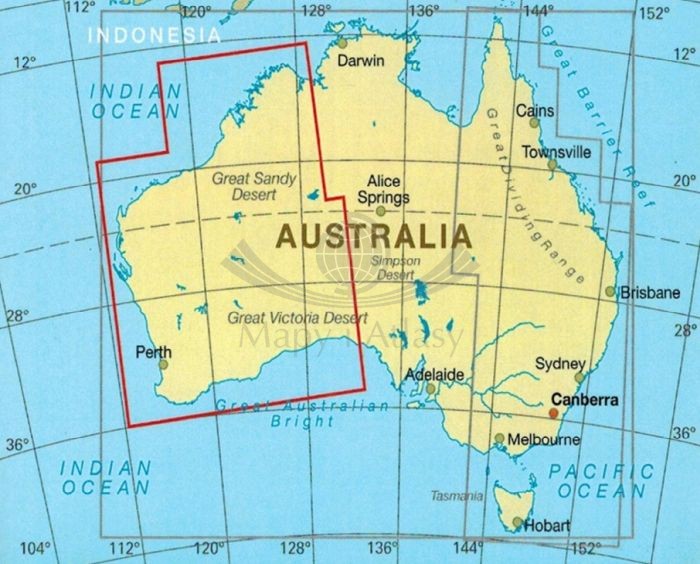 Australia, część zachodnia. Wodoodporna mapa samochodowo-turystyczna wydawnictwa Reise Know-How. Zasięg