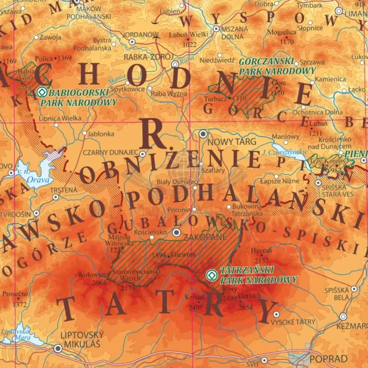 Polska 1:700 000. Mapa ścienna fizyczna. Fragment 4