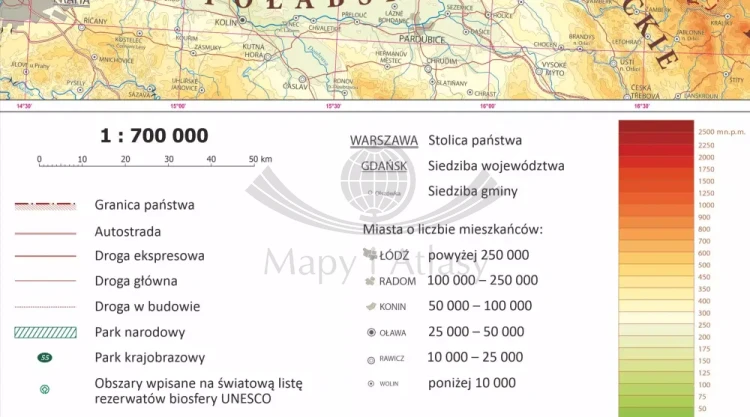 Polska 1:700 000. Mapa ścienna fizyczna. Legenda