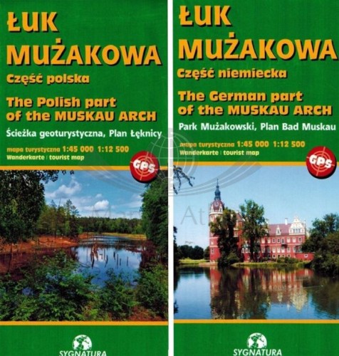 Łuk Mużakowa, część polska i niemiecka. Zestaw dwóch map turystycznych wydawnictwa Sygnatura. Okładka zestawu