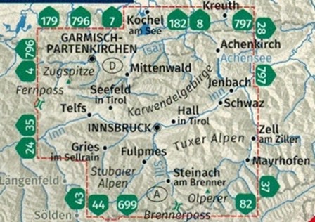 Innsbruck Mapa turystyczna 290 wydawnictwa Kompass. Zasięg