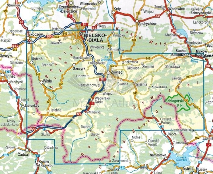 Beskid Śląski i Żywiecki 1:50 000. Mapa turystyczna wydawnictwa Compass. Zasięg