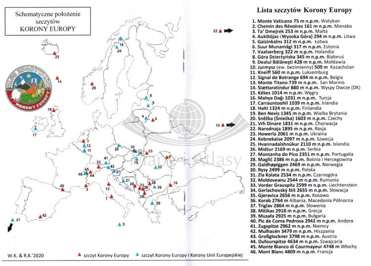 książeczka odznaki "Korona Europy". Schemat położenia szczytów
