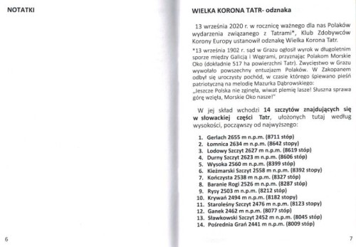 Książeczka odznaki "Wielka Korona Tatr". Wykaz szczytów