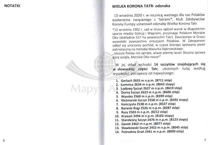 Książeczka odznaki "Wielka Korona Tatr". Wykaz szczytów