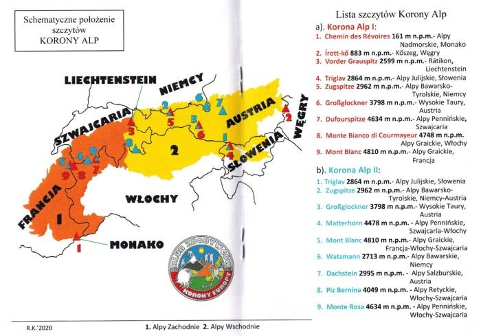 Alpy książeczka odznaki "Korona Alp". Wykaz szczytów