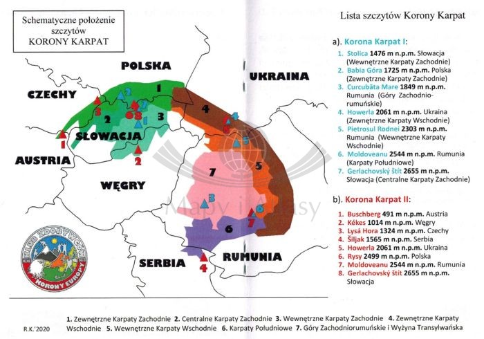 Książeczka odznaki "Korona Karpat" Schemat położenia szczytów