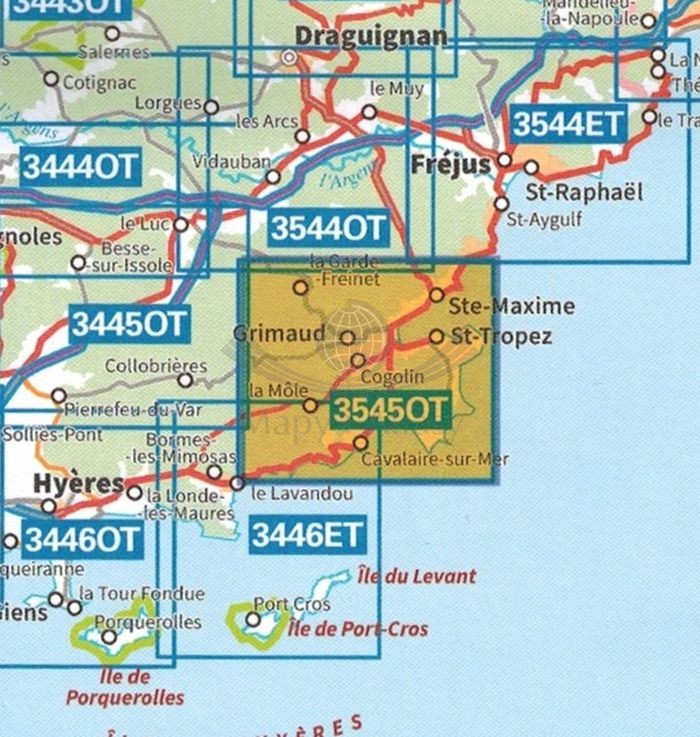 Saint-Tropez, Sainte-Maxime, Massif des Maures. Mapa turystyczna 3545 OT wydawnictwa IGN. Zasięg