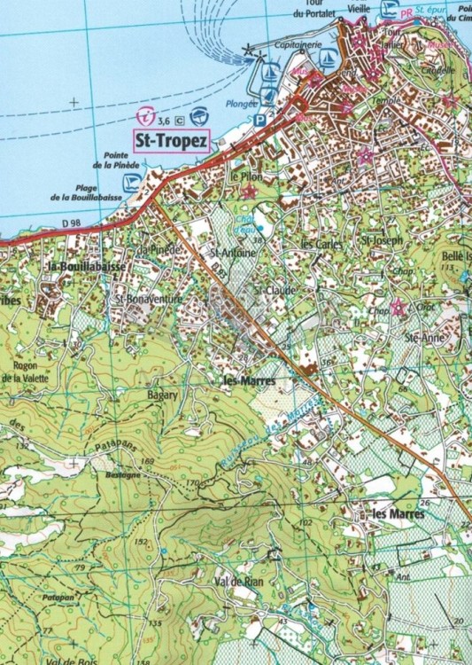 Saint-Tropez, Sainte-Maxime, Massif des Maures. Mapa turystyczna 3545 OT wydawnictwa IGN. Fragment