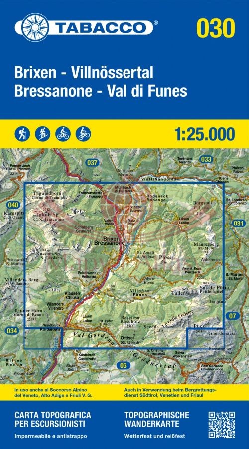 Brixen, Villnossertal / Bressanone, Val di Funes. Wodoodporna mapa turystyczna 030. Wyd. 2025. Tabacco