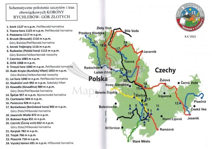 Książeczka odznaki "Korona Rychlebów - Gór Złotych". Schemat położenia szczytów.