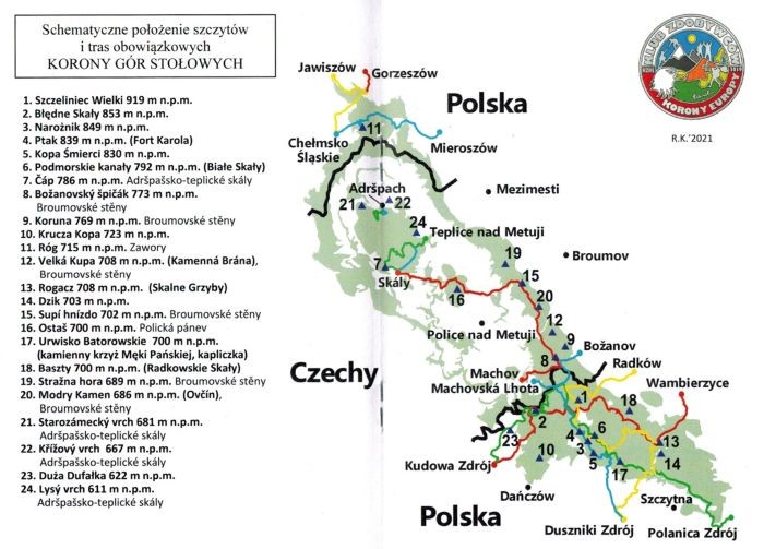 Książeczka odznaki "Korona Gór Stołowych". Schemat położenia szczytów.