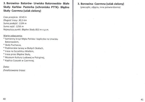 Książeczka odznaki "Korona Gór Stołowych". Przykładowa strona.