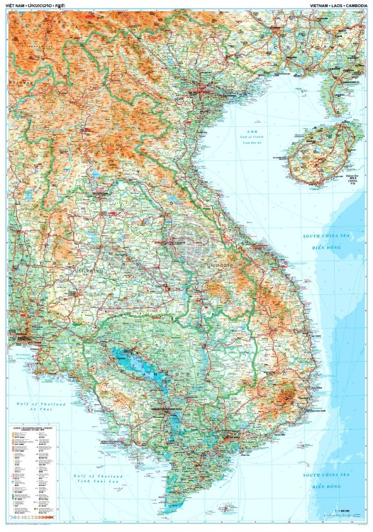 Wietnam, Laos, Kambodża. Mapa ścienna fizyczno-drogowa. Całość