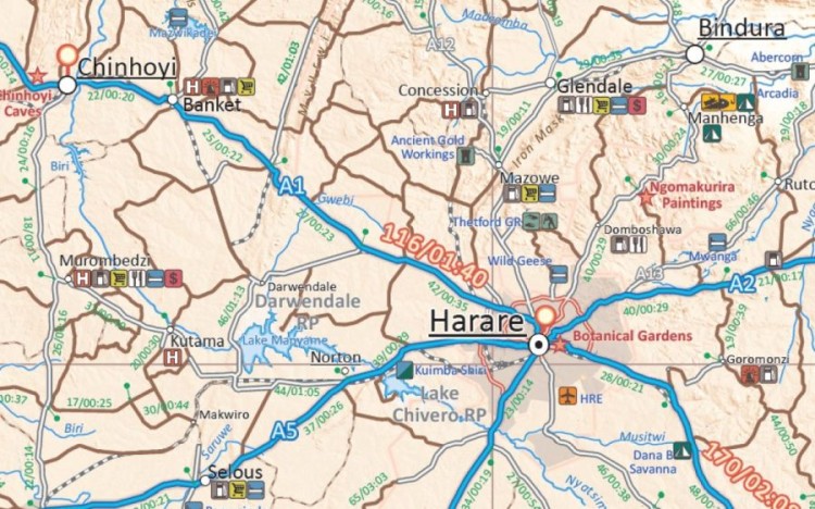Zimbabwe 1:1 000 000. Wodoodporna mapa samochodowo-turystyczna wydawnictwa Traveller's Map. Fragment 2