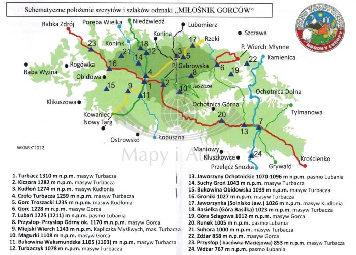Książeczka odzanki "Miłośnik Gorców". Schemat położenia szczytów
