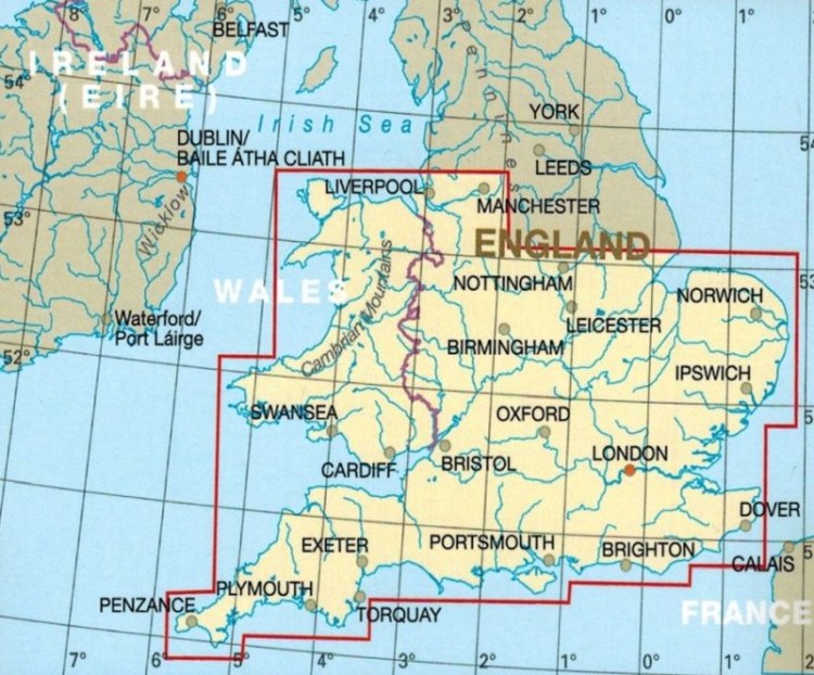 Południowa Anglia, Walia 1:400 000. Wodoodporna mapa samochodowo-turystyczna wydawnictwa Reise Know-How. Zasięg