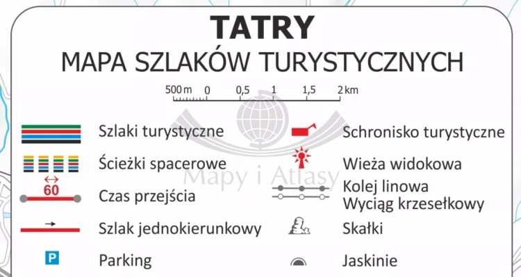 Tatry. Mapa - szlaki turystyczne, w ramie drewnianej. Legenda