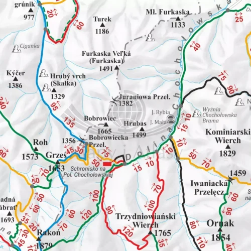 Tatry. Mapa - szlaki turystyczne. Wersja do wpinania. Fragment 1