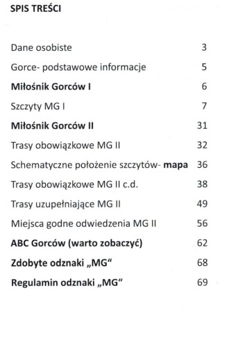 Książeczka odzanki "Miłośnik Gorców". Spis treści